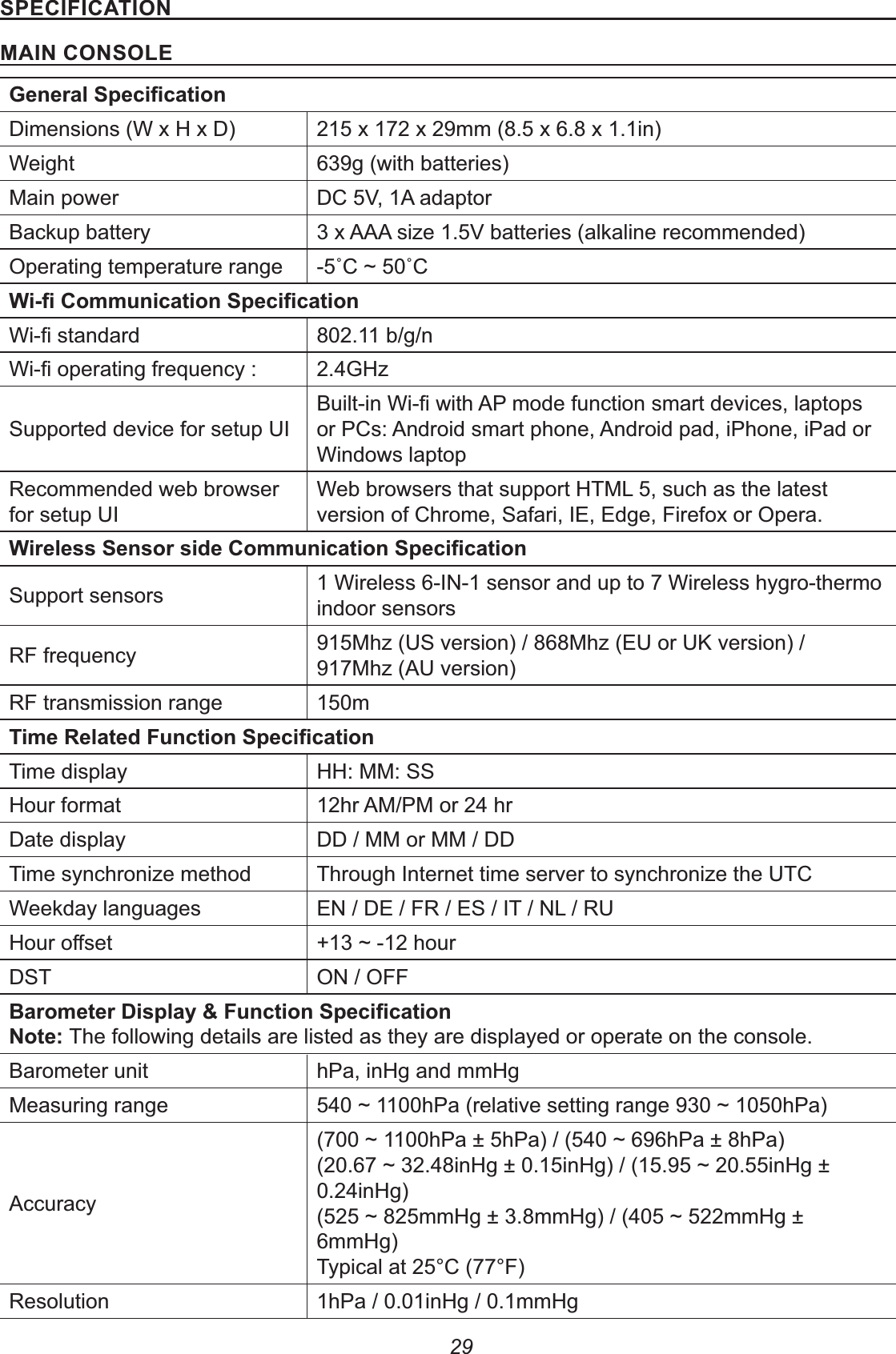 29&amp;1&quot;&apos;$&apos;&apos;#%&apos;%#%&amp;#!&quot;0&amp;88Dimensions (W x H x D) 215 x 172 x 29mm (8.5 x 6.8 x 1.1in)Weight 639g (with batteries)Main power DC 5V, 1A adaptorBackup battery 3 x AAA size 1.5V batteries (alkaline recommended)Operating temperature range &lt;&lt;8&amp;88 802.11 b/g/n 2.4GHzSupported device for setup UIor PCs: Android smart phone, Android pad, iPhone, iPad or Windows laptopRecommended web browser for setup UIWeb browsers that support HTML 5, such as the latest version of Chrome, Safari, IE, Edge, Firefox or Opera.&amp;&lt;&lt;8&amp;88Support sensors 1 Wireless 6-IN-1 sensor and up to 7 Wireless hygro-thermo indoor sensorsRF frequency 915Mhz (US version) / 868Mhz (EU or UK version) /  917Mhz (AU version)RF transmission range 150m&lt;($8&amp;88Time display HH: MM: SSHour format 12hr AM/PM or 24 hrDate display DD / MM or MM / DDTime synchronize method Through Internet time server to synchronize the UTCWeekday languages EN / DE / FR / ES / IT / NL / RU DST ON / OFF &lt;);I$8&amp;88%The following details are listed as they are displayed or operate on the console.Barometer unit hPa, inHg and mmHgMeasuring range Accuracy0.24inHg)6mmHg)Typical at 25°C (77°F)Resolution 1hPa / 0.01inHg / 0.1mmHg
