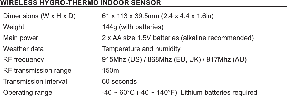 &apos;(&quot;!&quot;&amp;&amp;250(#2&quot;(#&apos;%)##(&amp;&quot;%&amp;#(Dimensions (W x H x D) 61 x 113 x 39.5mm (2.4 x 4.4 x 1.6in)Weight 144g (with batteries)Main power 2 x AA size 1.5V batteries (alkaline recommended)Weather data Temperature and humidityRF frequency 915Mhz (US) / 868Mhz (EU, UK) / 917Mhz (AU)RF transmission range 150mTransmission interval 60 secondsOperating range 