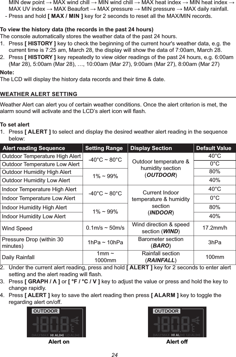 240,1GHZSRLQWĺ0$;ZLQGFKLOOĺ0,1ZLQGFKLOOĺ0$;KHDWLQGH[ĺ0,1KHDWLQGH[ĺ0$;89LQGH[ĺ0$;%HDXIRUWĺ0$;SUHVVXUHĺ0,1SUHVVXUHĺ0$;GDLO\UDLQIDOO- Press and hold &gt;0$;0,1@NH\IRUVHFRQGVWRUHVHWDOOWKH0$;0,1UHFRUGV7RYLHZWKHKLVWRU\GDWDWKHUHFRUGVLQWKHSDVWKRXUVThe console automatically stores the weather data of the past 24 hours.1. Press&gt;+,6725&lt;@ key to check the beginning of the current hour&apos;s weather data, e.g. the current time is 7:25 am, March 28, the display will show the data of 7:00am, March 28.2. Press &gt;+,6725&lt;@ key repeatedly to view older readings of the past 24 hours, e.g. 6:00am (Mar 28), 5:00am (Mar 28), …, 10:00am (Mar 27), 9:00am (Mar 27), 8:00am (Mar 27) 1RWHThe LCD will display the history data records and their time &amp; date.:($7+(5$/(576(77,1*Weather Alert can alert you of certain weather conditions. Once the alert criterion is met, the DODUPVRXQGZLOODFWLYDWHDQGWKH/&amp;&apos;¶VDOHUWLFRQZLOOÀDVK7RVHWDOHUW1. Press &gt;$/(57@ to select and display the desired weather alert reading in the sequence below:$OHUWUHDGLQJ6HTXHQFH 6HWWLQJ5DQJH &apos;LVSOD\6HFWLRQ &apos;HIDXOW9DOXHOutdoor Temperature High Alert &amp;a&amp; Outdoor temperature &amp; humidity section(OUTDOOR)40°COutdoor Temperature Low Alert 0°COutdoor Humidity High Alert a 80%Outdoor Humidity Low Alert 40%Indoor Temperature High Alert &amp;a&amp; Current Indoor temperature &amp; humidity section(INDOOR)40°CIndoor Temperature Low Alert 0°CIndoor Humidity High Alert a 80%Indoor Humidity Low Alert 40%Wind Speed PVaPV Wind direction &amp; speed section (WIND)17.2mm/hPressure Drop (within 30 minutes) K3DaK3D Barometer section (BARO)3hPaDaily Rainfall PPa1000mmRainfall section (RAINFALL)100mm2. Under the current alert reading, press and hold &gt;$/(57@ key for 2 seconds to enter alert VHWWLQJDQGWKHDOHUWUHDGLQJZLOOÀDVK3. Press &gt;*5$3+೸@ or &gt;)&amp;9@ key to adjust the value or press and hold the key to change rapidly.4. Press &gt;$/(57@ key to save the alert reading then press &gt;$/$50@ key to toggle the UHJDUGLQJDOHUWRQRႇ$OHUWRQ $OHUWRႇ