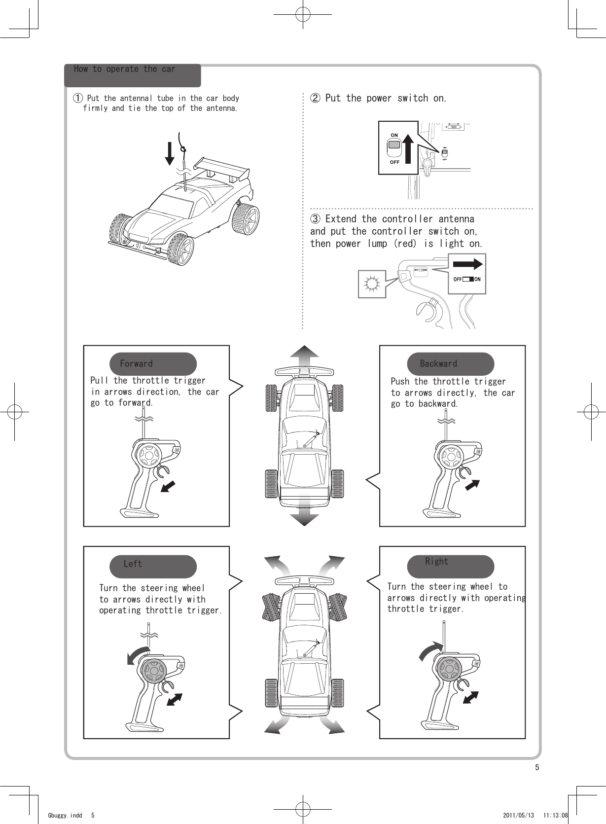 5① Put the antennal tube in the car bodyfirmly and tie the top of the antenna.② Put the power switch on.③ Extend the controller antennaand put the controller switch on,then power lump (red) is light on.Gbuggy.indd   5 2011/05/13   11:13:08How to operate the carForward BackwardPull the throttle trigger in arrows direction, the cargo to forward.Push the throttle triggerto arrows directly, the car go to backward.Left RightTurn the steering wheelto arrows directly withoperating throttle trigger.Turn the steering wheel toarrows directly with operatingthrottle trigger.