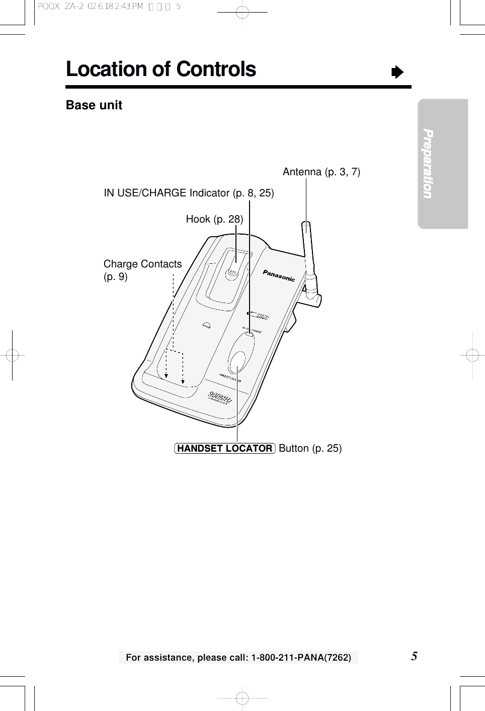 Location of Controls&ldquo;5PreparationFor assistance, please call: 1-800-211-PANA(7262)Base unitCharge Contacts (p. 9)IN USE/CHARGE Indicator (p. 8, 25)(HANDSET\LOCATOR) Button (p. 25)Antenna (p. 3, 7) Hook (p. 28) PQQX  ZA-2  02.6.18 2:43 PM  ページ 5