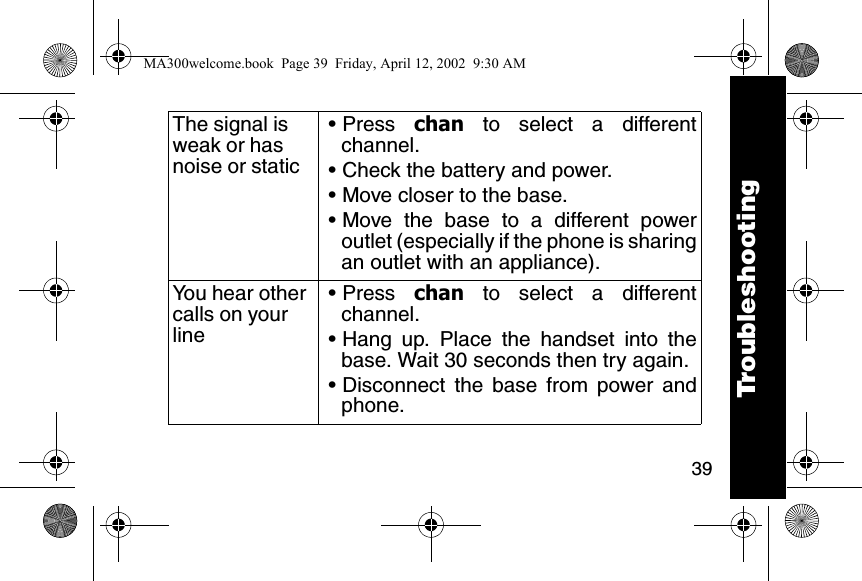 39The signal is weak or has noise or static&bull; Press  chan to select a differentchannel. &bull; Check the battery and power. &bull; Move closer to the base. &bull; Move the base to a different poweroutlet (especially if the phone is sharingan outlet with an appliance).You hear other calls on your line&bull; Press  chan to select a differentchannel. &bull; Hang up. Place the handset into thebase. Wait 30 seconds then try again. &bull; Disconnect the base from power andphone.TroubleshootingMA300welcome.book  Page 39  Friday, April 12, 2002  9:30 AM