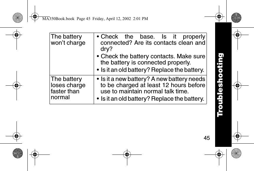 45The battery won&rsquo;t charge&bull; Check the base. Is it properlyconnected? Are its contacts clean anddry?&bull; Check the battery contacts. Make surethe battery is connected properly.&bull; Is it an old battery? Replace the battery. The battery loses charge faster than normal&bull; Is it a new battery? A new battery needsto be charged at least 12 hours beforeuse to maintain normal talk time. &bull; Is it an old battery? Replace the battery. TroubleshootingTroubleshootingMA350Book.book  Page 45  Friday, April 12, 2002  2:01 PM