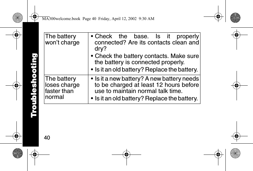 40The battery won&rsquo;t charge&bull; Check the base. Is it properlyconnected? Are its contacts clean anddry?&bull; Check the battery contacts. Make surethe battery is connected properly.&bull; Is it an old battery? Replace the battery. The battery loses charge faster than normal&bull; Is it a new battery? A new battery needsto be charged at least 12 hours beforeuse to maintain normal talk time. &bull; Is it an old battery? Replace the battery. TroubleshootingTroubleshootingMA300welcome.book  Page 40  Friday, April 12, 2002  9:30 AM