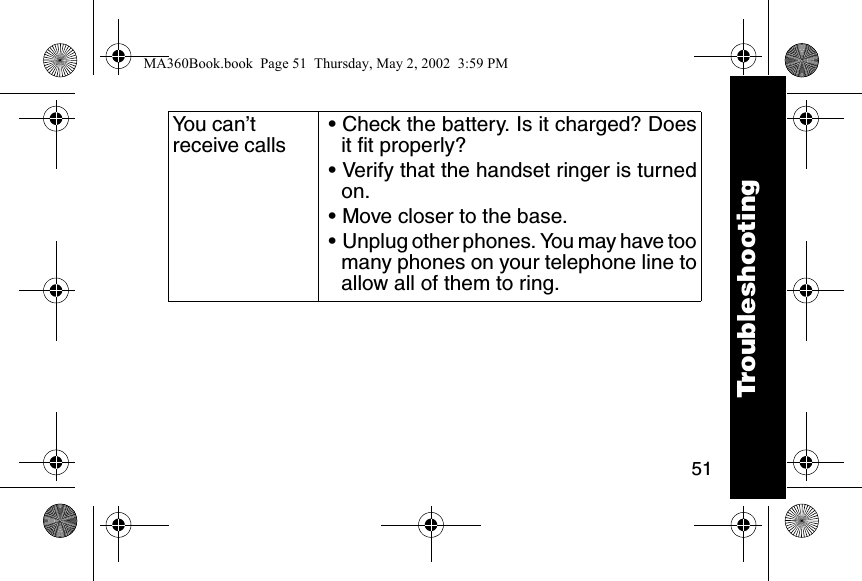 51You can&rsquo;t receive calls&bull; Check the battery. Is it charged? Doesit fit properly? &bull; Verify that the handset ringer is turnedon. &bull; Move closer to the base. &bull; Unplug other phones. You may have toomany phones on your telephone line toallow all of them to ring. TroubleshootingMA360Book.book  Page 51  Thursday, May 2, 2002  3:59 PM