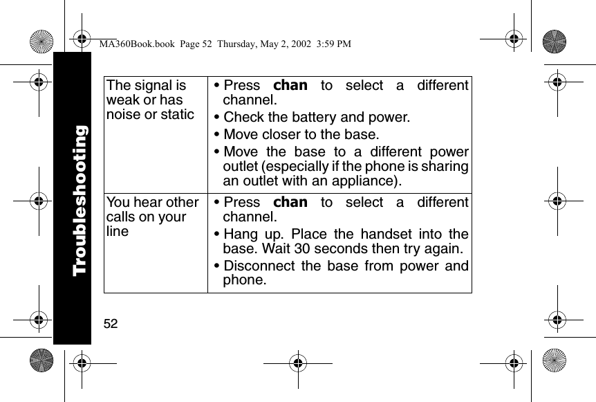 52The signal is weak or has noise or static&bull; Press  chan to select a differentchannel. &bull; Check the battery and power. &bull; Move closer to the base. &bull; Move the base to a different poweroutlet (especially if the phone is sharingan outlet with an appliance).You hear other calls on your line&bull; Press  chan to select a differentchannel. &bull; Hang up. Place the handset into thebase. Wait 30 seconds then try again. &bull; Disconnect the base from power andphone.TroubleshootingMA360Book.book  Page 52  Thursday, May 2, 2002  3:59 PM