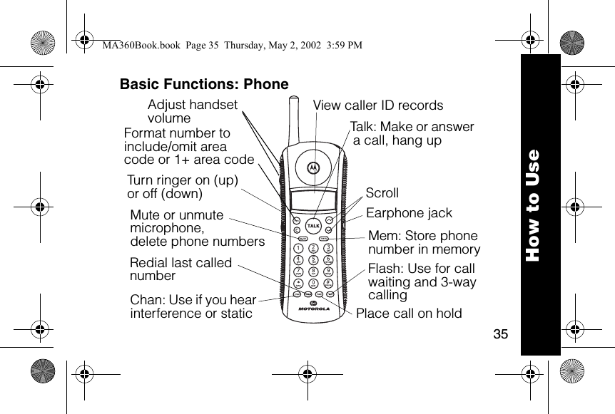 35How to UseBasic Functions: PhoneFormat number to include/omit areacode or 1+ area code6lmnTalk: Make or answer a call, hang upEarphone jack Flash: Use for call waiting and 3-way callingTurn ringer on (up)or off (down)Adjust handset volumeChan: Use if you hear interference or staticRedial last called numberMute or unmute microphone,delete phone numbers Place call on holdScrollMem: Store phone number in memoryView caller ID recordsMA360Book.book  Page 35  Thursday, May 2, 2002  3:59 PM