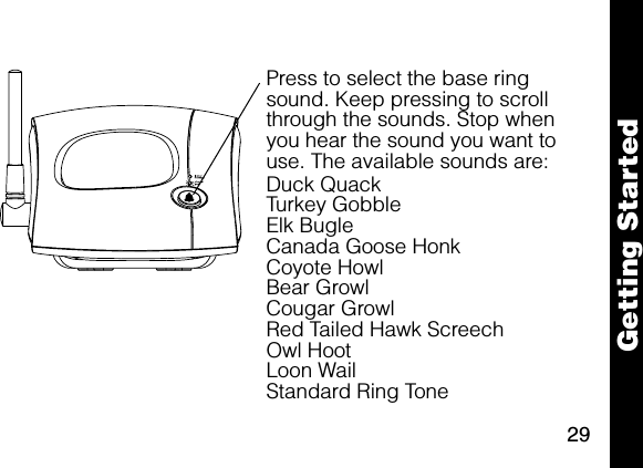 29Getting Started020658-OPress to select the base ring sound. Keep pressing to scroll through the sounds. Stop when you hear the sound you want to use. The available sounds are:Duck QuackTurkey GobbleElk BugleCanada Goose HonkCoyote HowlBear GrowlCougar GrowlRed Tailed Hawk ScreechOwl HootLoon WailStandard Ring Tone