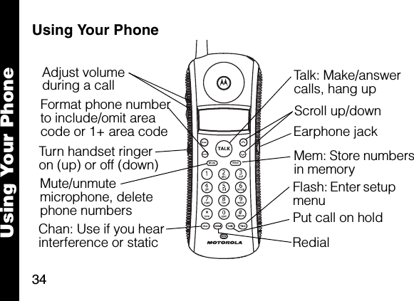 34Using Your PhoneUsing Your Phone6lmnTalk: Make/answer calls, hang upEarphone jackFlash: Enter setup menuTurn handset ringeron (up) or off (down)Adjust volume during a callChan: Use if you hear interference or staticFormat phone number to include/omit area code or 1+ area codeRedial Mute/unmute microphone, delete phone numbers  Put call on holdScroll up/downMem: Store numbers in memory