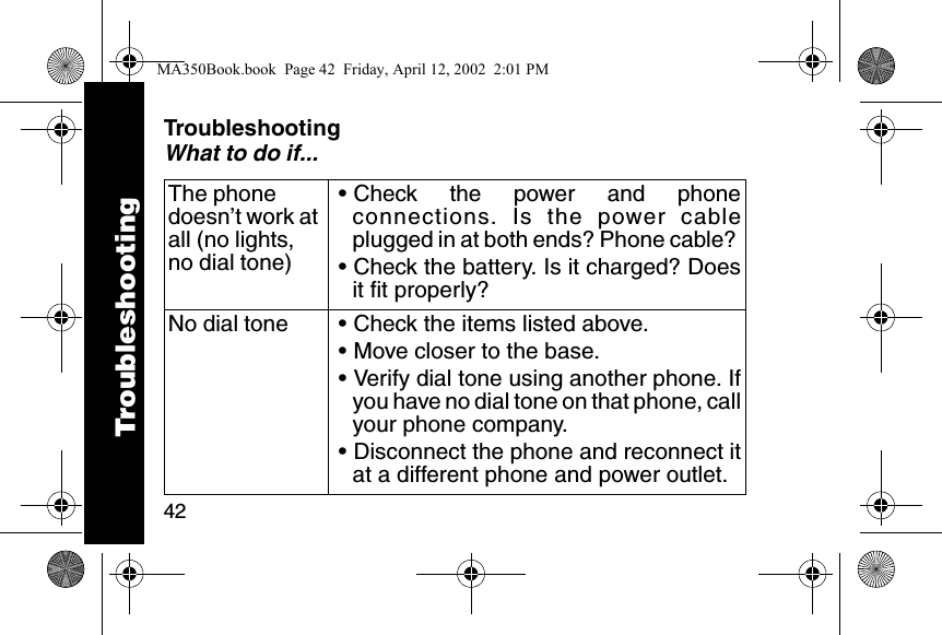 42TroubleshootingWhat to do if...The phone doesn&rsquo;t work at all (no lights, no dial tone)&bull; Check the power and phoneconnections. Is the power cableplugged in at both ends? Phone cable? &bull; Check the battery. Is it charged? Doesit fit properly? No dial tone &bull; Check the items listed above. &bull; Move closer to the base. &bull; Verify dial tone using another phone. Ifyou have no dial tone on that phone, callyour phone company. &bull; Disconnect the phone and reconnect itat a different phone and power outlet. TroubleshootingMA350Book.book  Page 42  Friday, April 12, 2002  2:01 PM