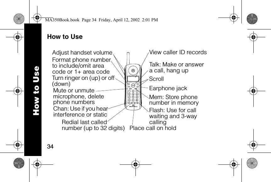 34How to Use6lmn020124-OTalk: Make or answer a call, hang upEarphone jack Flash: Use for call waiting and 3-way callingTurn ringer on (up) or off (down)Adjust handset volumeChan: Use if you hear  interference or staticFormat phone number to include/omit area code or 1+ area codeRedial last called number (up to 32 digits)Mute or unmute microphone, delete phone numbers Place call on holdScrollMem: Store phone number in memoryView caller ID recordsHow to UseMA350Book.book  Page 34  Friday, April 12, 2002  2:01 PM