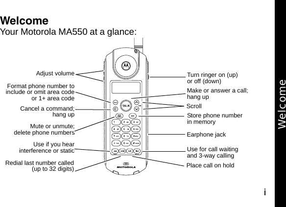 iWelcomeYour Motorola MA550 at a glance: Earphone jack Use for call waiting  and 3-way callingAdjust volumeUse if you hearinterference or staticRedial last number called(up to 32 digits)Mute or unmute;delete phone numbers Place call on hold Scroll Store phone number  in memoryFormat phone number toinclude or omit area codeor 1+ area codeCancel a command;hang up Turn ringer on (up)  or off (down) Make or answer a call;  hang upWelcome