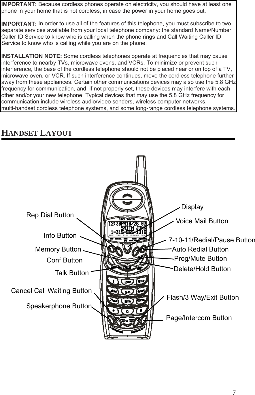  7 IMPORTANT: Because cordless phones operate on electricity, you should have at least one phone in your home that is not cordless, in case the power in your home goes out.  IMPORTANT: In order to use all of the features of this telephone, you must subscribe to two separate services available from your local telephone company: the standard Name/Number Caller ID Service to know who is calling when the phone rings and Call Waiting Caller ID Service to know who is calling while you are on the phone.  INSTALLATION NOTE: Some cordless telephones operate at frequencies that may cause interference to nearby TVs, microwave ovens, and VCRs. To minimize or prevent such interference, the base of the cordless telephone should not be placed near or on top of a TV, microwave oven, or VCR. If such interference continues, move the cordless telephone further away from these appliances. Certain other communications devices may also use the 5.8 GHz frequency for communication, and, if not properly set, these devices may interfere with each other and/or your new telephone. Typical devices that may use the 5.8 GHz frequency for communication include wireless audio/video senders, wireless computer networks, multi-handset cordless telephone systems, and some long-range cordless telephone systems. HANDSET LAYOUT Display Voice Mail Button 7-10-11/Redial/Pause ButtonAuto Redial Button Rep Dial Button Info Button Memory Button Conf Button  Prog/Mute Button Delete/Hold Button Talk ButtonCancel Call Waiting ButtonSpeakerphone Button Flash/3 Way/Exit Button Page/Intercom Button 