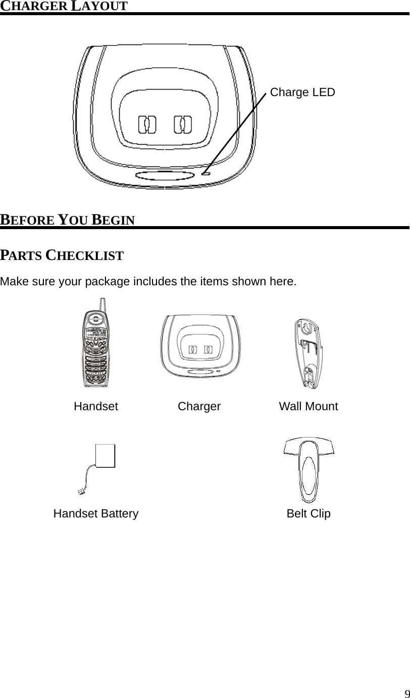 9CHARGER LAYOUT Charge LED BEFORE YOU BEGIN PARTS CHECKLIST Make sure your package includes the items shown here. Handset Charger Wall Mount Handset Battery Belt Clip