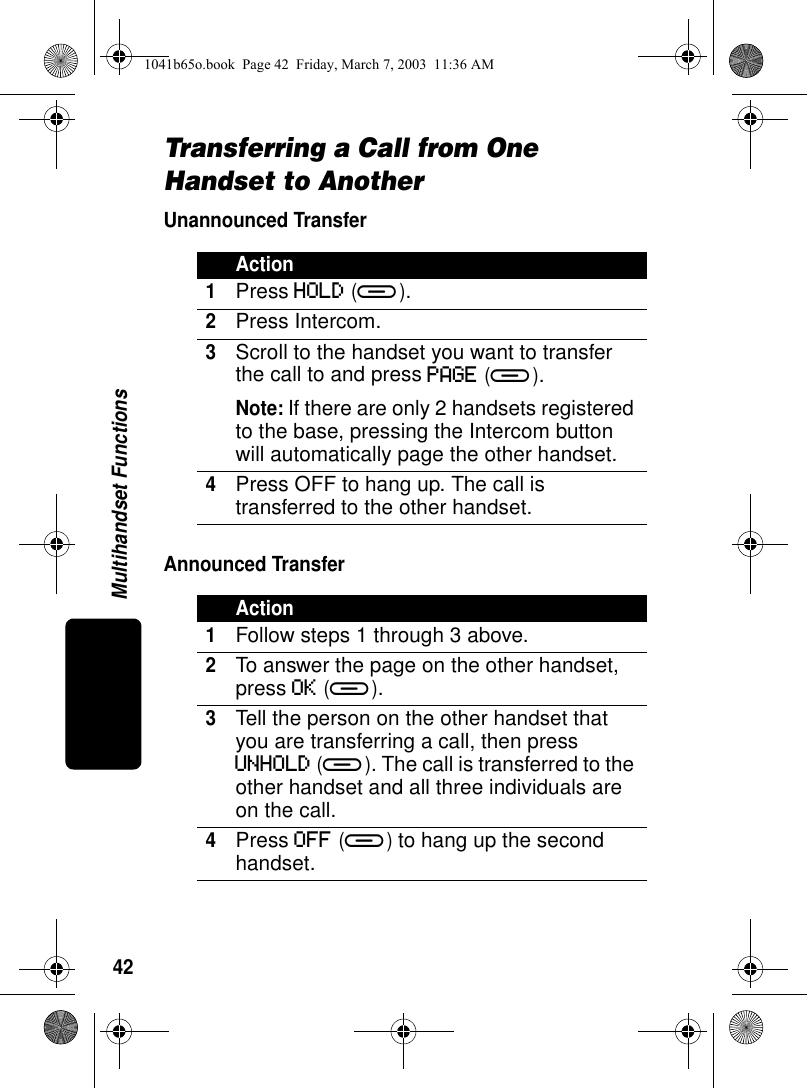 42Multihandset FunctionsTransferring a Call from One Handset to AnotherUnannounced TransferAnnounced TransferAction1Press HOLD (a).2Press Intercom.3Scroll to the handset you want to transfer the call to and press PAGE (a).Note: If there are only 2 handsets registered to the base, pressing the Intercom button will automatically page the other handset.4Press OFF to hang up. The call is transferred to the other handset.Action1Follow steps 1 through 3 above.2To answer the page on the other handset, press OK (a). 3Tell the person on the other handset that you are transferring a call, then press UNHOLD (a). The call is transferred to the other handset and all three individuals are on the call.4Press OFF (a) to hang up the second handset.1041b65o.book Page 42 Friday, March 7, 2003 11:36 AM