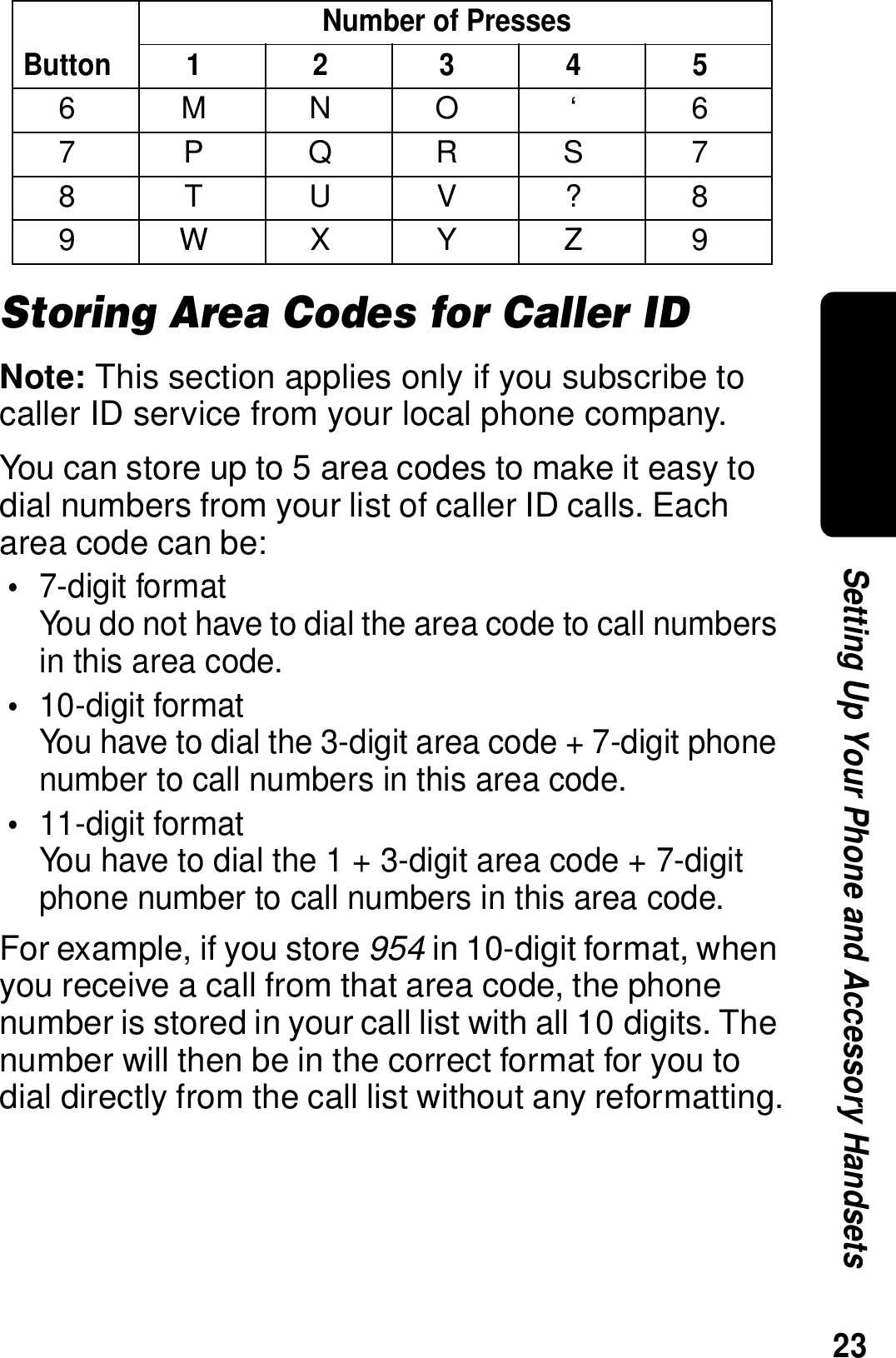 23Setting Up Your Phone and Accessory HandsetsStoring Area Codes for Caller IDNote: This section applies only if you subscribe to caller ID service from your local phone company.You can store up to 5 area codes to make it easy to dial numbers from your list of caller ID calls. Each area code can be:&bull;7-digit formatYou do not have to dial the area code to call numbers in this area code.&bull;10-digit formatYou have to dial the 3-digit area code + 7-digit phone number to call numbers in this area code.&bull;11-digit formatYou have to dial the 1 + 3-digit area code + 7-digit phone number to call numbers in this area code.For example, if you store 954 in 10-digit format, when you receive a call from that area code, the phone number is stored in your call list with all 10 digits. The number will then be in the correct format for you to dial directly from the call list without any reformatting.6MNO &lsquo; 67PQRS78TUV?89WXYZ 9ButtonNumber of Presses12345