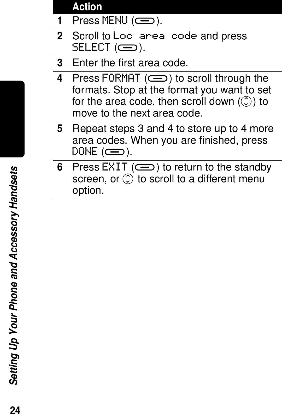 24Setting Up Your Phone and Accessory HandsetsAction1Press MENU (a).2Scroll to Loc area code and press SELECT (a).3Enter the first area code.4Press FORMAT (a) to scroll through the formats. Stop at the format you want to set for the area code, then scroll down (c) to move to the next area code.5Repeat steps 3 and 4 to store up to 4 more area codes. When you are finished, press DONE (a).6Press EXIT (a) to return to the standby screen, or c to scroll to a different menu option.