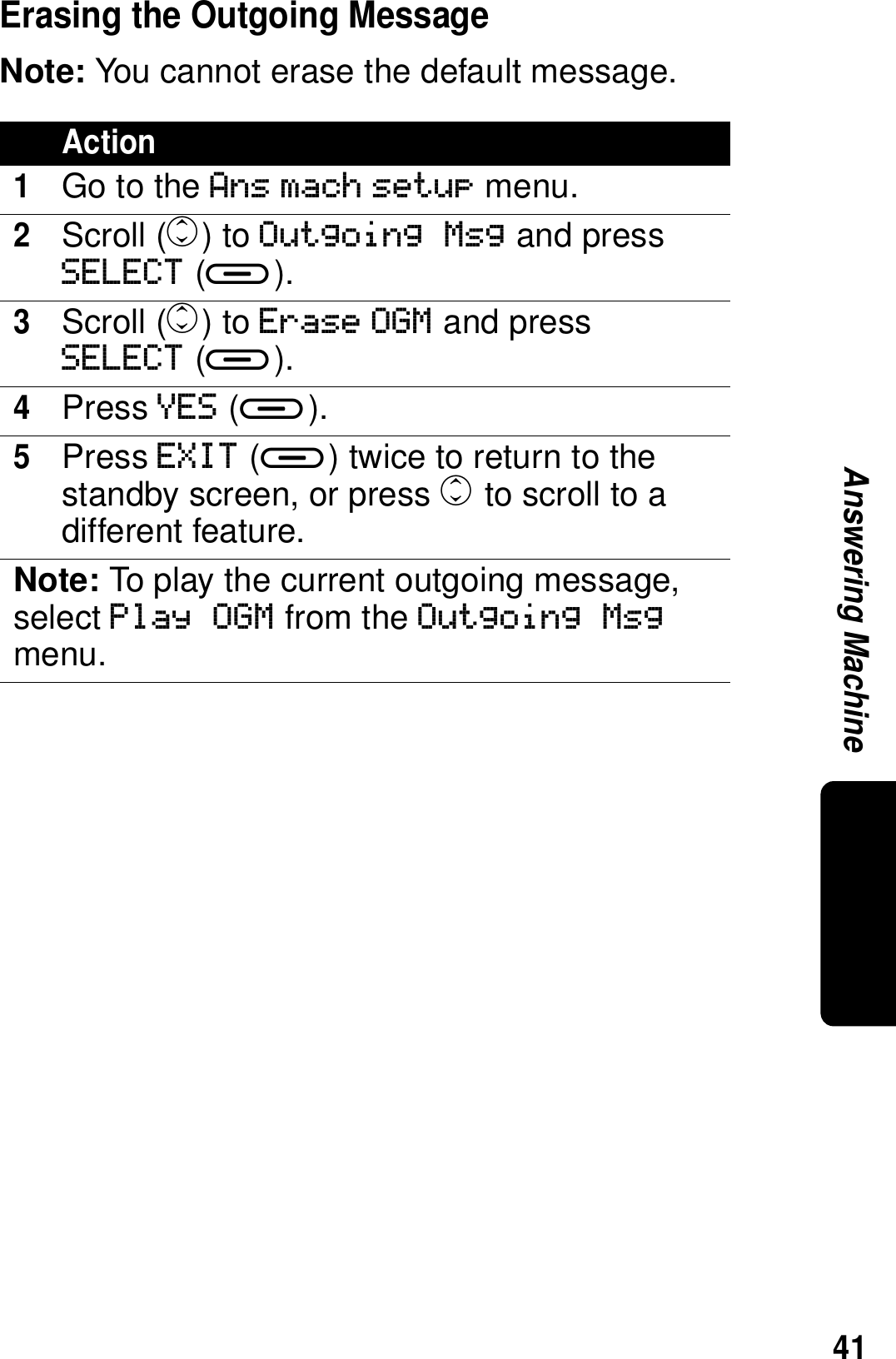 41Answering MachineErasing the Outgoing MessageNote: You cannot erase the default message.Action1Go to the Ans mach setup menu.2Scroll (c) to Outgoing Msg and press SELECT (a).3Scroll (c) to Erase OGM and press SELECT (a).4Press YES (a).5Press EXIT (a) twice to return to the standby screen, or press c to scroll to a different feature.Note: To play the current outgoing message, select Play OGM from the Outgoing Msg menu.