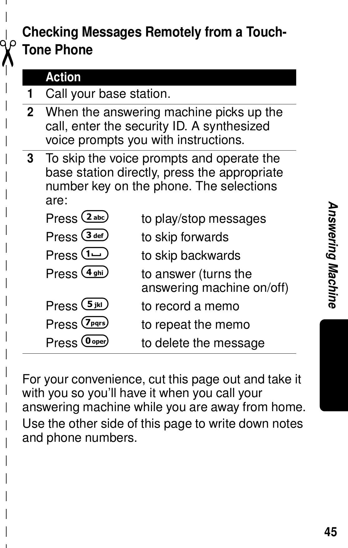 45Answering Machine✂Checking Messages Remotely from a Touch-Tone Phone For your convenience, cut this page out and take it with you so you&rsquo;ll have it when you call your answering machine while you are away from home.Use the other side of this page to write down notes and phone numbers.Action1Call your base station.2When the answering machine picks up the call, enter the security ID. A synthesized voice prompts you with instructions.3To skip the voice prompts and operate the base station directly, press the appropriate number key on the phone. The selections are:Press 2to play/stop messagesPress 3to skip forwardsPress 1to skip backwardsPress 4to answer (turns the answering machine on/off)Press 5to record a memoPress 7to repeat the memoPress 0to delete the message