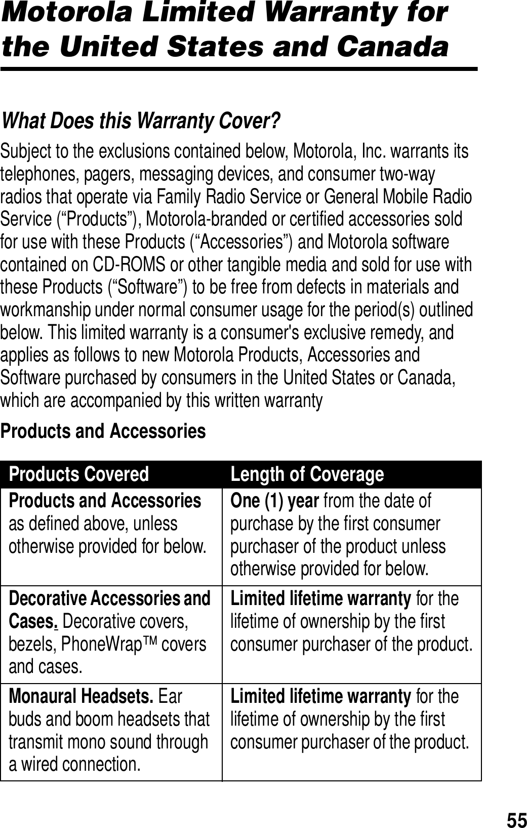 55Motorola Limited Warranty for the United States and CanadaMotorola Limited WarrantyWhat Does this Warranty Cover? Subject to the exclusions contained below, Motorola, Inc. warrants its telephones, pagers, messaging devices, and consumer two-way radios that operate via Family Radio Service or General Mobile Radio Service (&ldquo;Products&rdquo;), Motorola-branded or certified accessories sold for use with these Products (&ldquo;Accessories&rdquo;) and Motorola software contained on CD-ROMS or other tangible media and sold for use with these Products (&ldquo;Software&rdquo;) to be free from defects in materials and workmanship under normal consumer usage for the period(s) outlined below. This limited warranty is a consumer's exclusive remedy, and applies as follows to new Motorola Products, Accessories and Software purchased by consumers in the United States or Canada, which are accompanied by this written warrantyProducts and AccessoriesProducts Covered Length of CoverageProducts and Accessories as defined above, unless otherwise provided for below.One (1) year from the date of purchase by the first consumer purchaser of the product unless otherwise provided for below.Decorative Accessories and Cases. Decorative covers, bezels, PhoneWrap&trade; covers and cases.Limited lifetime warranty for the lifetime of ownership by the first consumer purchaser of the product.Monaural Headsets. Ear buds and boom headsets that transmit mono sound through a wired connection. Limited lifetime warranty for the lifetime of ownership by the first consumer purchaser of the product. 