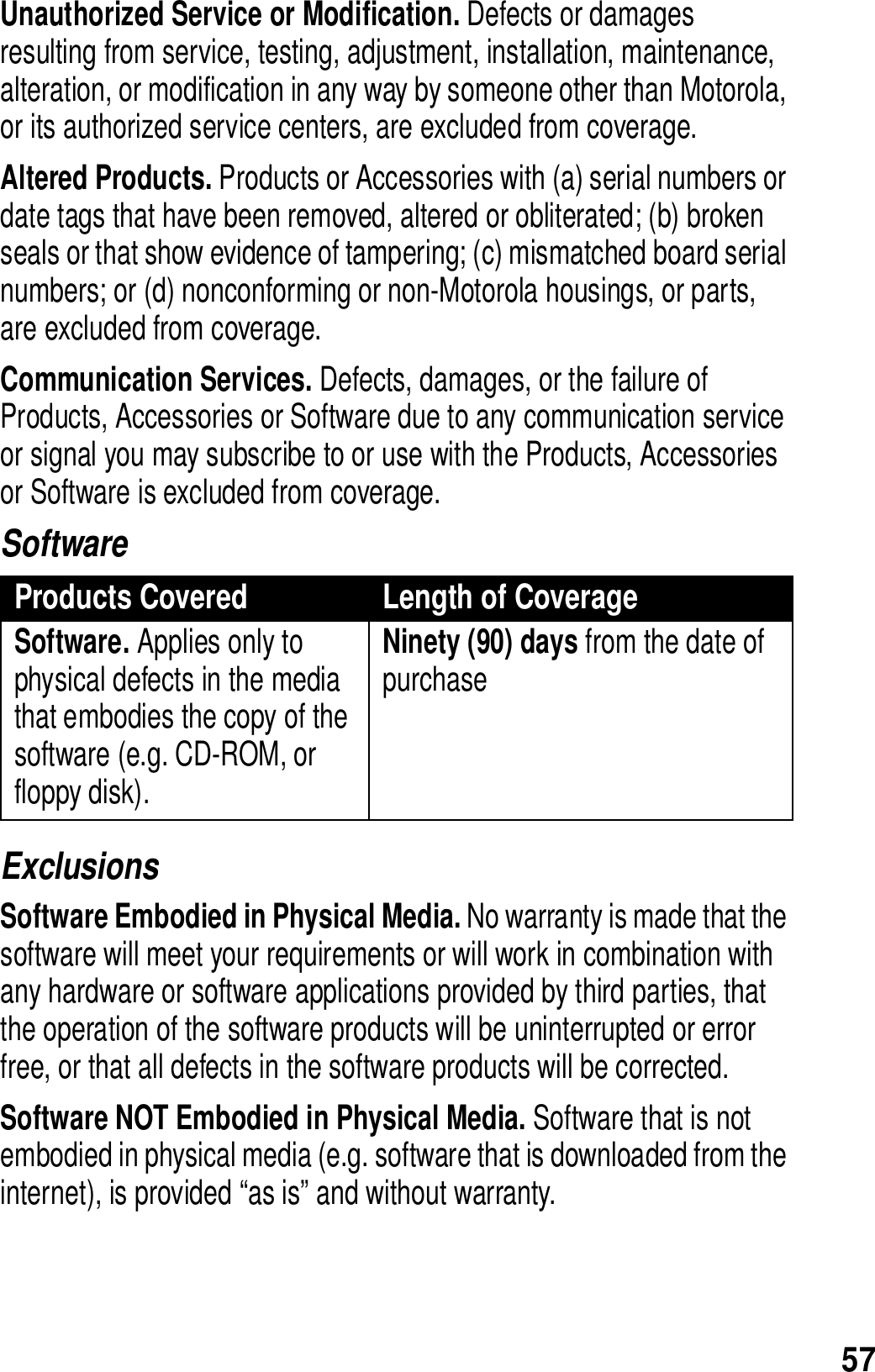 57Unauthorized Service or Modification. Defects or damages resulting from service, testing, adjustment, installation, maintenance, alteration, or modification in any way by someone other than Motorola, or its authorized service centers, are excluded from coverage. Altered Products. Products or Accessories with (a) serial numbers or date tags that have been removed, altered or obliterated; (b) broken seals or that show evidence of tampering; (c) mismatched board serial numbers; or (d) nonconforming or non-Motorola housings, or parts, are excluded from coverage.Communication Services. Defects, damages, or the failure of Products, Accessories or Software due to any communication service or signal you may subscribe to or use with the Products, Accessories or Software is excluded from coverage.SoftwareExclusionsSoftware Embodied in Physical Media. No warranty is made that the software will meet your requirements or will work in combination with any hardware or software applications provided by third parties, that the operation of the software products will be uninterrupted or error free, or that all defects in the software products will be corrected. Software NOT Embodied in Physical Media. Software that is not embodied in physical media (e.g. software that is downloaded from the internet), is provided &ldquo;as is&rdquo; and without warranty.Products Covered Length of CoverageSoftware. Applies only to physical defects in the media that embodies the copy of the software (e.g. CD-ROM, or floppy disk).Ninety (90) days from the date of purchase