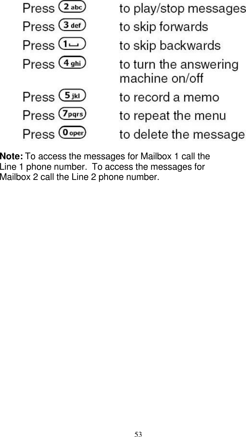   53   Note: To access the messages for Mailbox 1 call the  Line 1 phone number.  To access the messages for  Mailbox 2 call the Line 2 phone number.