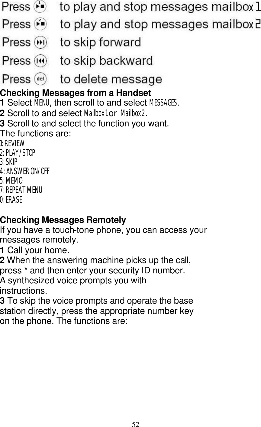   52  Checking Messages from a Handset 1 Select MENU, then scroll to and select MESSAGES. 2 Scroll to and select Mailbox1 or  Mailbox2. 3 Scroll to and select the function you want.  The functions are: 1: REVIEW 2: PLAY/STOP 3: SKIP 4: ANSWER ON/OFF 5: MEMO 7: REPEAT MENU 0: ERASE  Checking Messages Remotely If you have a touch-tone phone, you can access your messages remotely. 1 Call your home. 2 When the answering machine picks up the call, press * and then enter your security ID number. A synthesized voice prompts you with instructions. 3 To skip the voice prompts and operate the base station directly, press the appropriate number key on the phone. The functions are:  