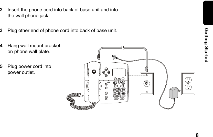 8 Getting Started2Insert the phone cord into back of base unit and into the wall phone jack.3Plug other end of phone cord into back of base unit.4Hang wall mount bracket on phone wall plate.5Plug power cord into power outlet.