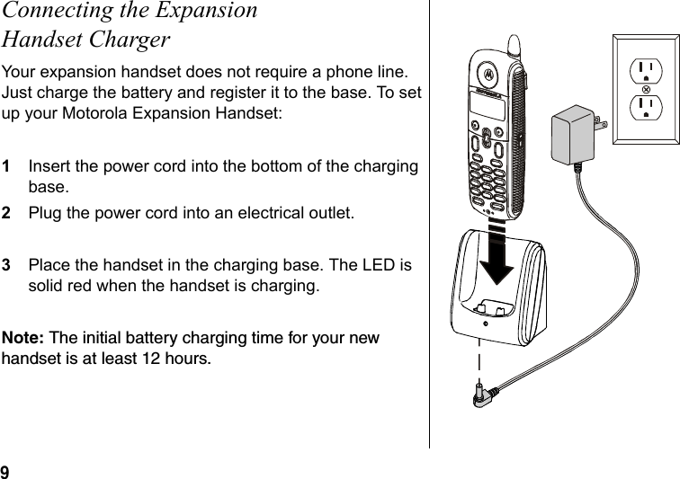 9 Connecting the Expansion Handset ChargerYour expansion handset does not require a phone line. Just charge the battery and register it to the base. To set up your Motorola Expansion Handset:1Insert the power cord into the bottom of the charging base.2Plug the power cord into an electrical outlet.3Place the handset in the charging base. The LED is solid red when the handset is charging.Note: The initial battery charging time for your new handset is at least 12 hours.