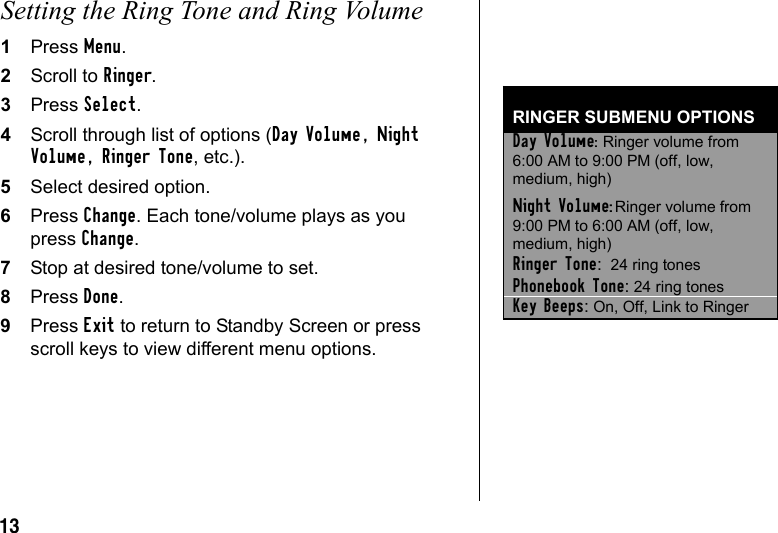 13Setting the Ring Tone and Ring Volume1Press Menu.2Scroll to Ringer. 3Press Select. 4Scroll through list of options (Day Volume, Night Volume, Ringer Tone, etc.).5Select desired option.6Press Change. Each tone/volume plays as you press Change.7Stop at desired tone/volume to set.8Press Done.9Press Exit to return to Standby Screen or press scroll keys to view different menu options. RINGER SUBMENU OPTIONS Day Volume: Ringer volume from 6:00 AM to 9:00 PM (off, low, medium, high) Night Volume: Ringer volume from 9:00 PM to 6:00 AM (off, low, medium, high) Ringer Tone: 24 ring tones Phonebook Tone: 24 ring tones Key Beeps: On, Off, Link to Ringer