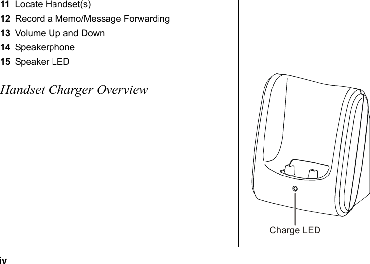iv 11 Locate Handset(s)12 Record a Memo/Message Forwarding13 Volume Up and Down14 Speakerphone15 Speaker LEDHandset Charger OverviewCharge LED