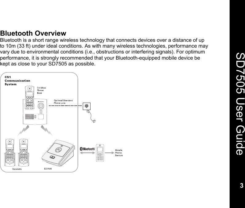    3  SD7505 User Guide 3  Bluetooth Overview Bluetooth is a short range wireless technology that connects devices over a distance of up to 10m (33 ft) under ideal conditions. As with many wireless technologies, performance may vary due to environmental conditions (i.e., obstructions or interfering signals). For optimum performance, it is strongly recommended that your Bluetooth-equipped mobile device be kept as close to your SD7505 as possible.   