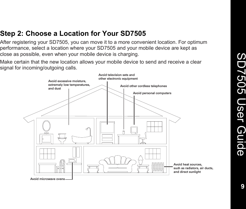    9  SD7505 User Guide 9  Step 2: Choose a Location for Your SD7505  After registering your SD7505, you can move it to a more convenient location. For optimum performance, select a location where your SD7505 and your mobile device are kept as close as possible, even when your mobile device is charging. Make certain that the new location allows your mobile device to send and receive a clear signal for incoming/outgoing calls.    Avoid heat sources,such as radiators, air ducts,and direct sunlightAvoid television sets andother electronic equipmentAvoid microwave ovensAvoid excessive moisture,extremely low temperatures,and dustAvoid personal computersAvoid other cordless telephones