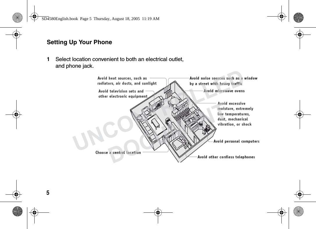 5 Setting Up Your Phone1Select location convenient to both an electrical outlet, and phone jack.SD4580English.book Page 5 Thursday, August 18, 2005 11:19 AMUNCONTROLLEDDOCUMENT