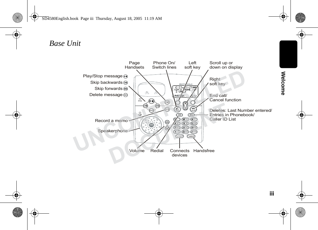 iii WelcomeBase UnitSpeakerphoneLeftsoft keyRedialDeletes: Last Number entered/Entries in Phonebook/Caller ID ListPhone On/Switch linesEnd call/Cancel functionScroll up ordown on displayRightsoft keyHandsfreeConnectsdevicesVolumeRecord a memoPageHandsetsSkip backwardsDelete messageSkip forwardsPlay/Stop messageSD4580English.book Page iii Thursday, August 18, 2005 11:19 AMUNCONTROLLEDDOCUMENT