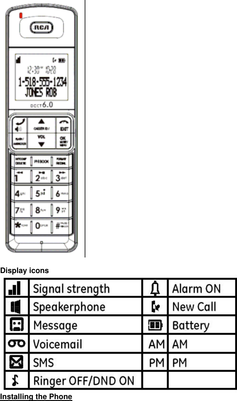   Display icons  Installing the Phone 