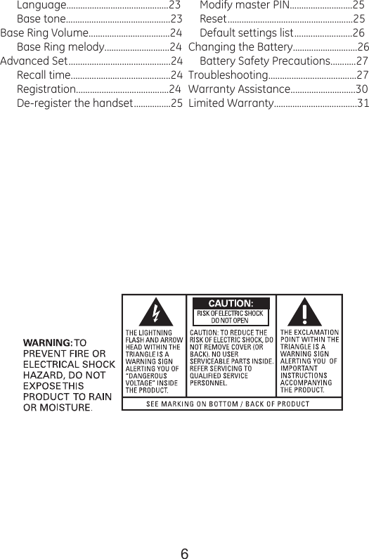 6Language............................................23Base tone.............................................23Base Ring Volume...................................24Base Ring melody............................24Advanced Set............................................24Recall time...........................................24Registration........................................24De-register the handset................25Modify master PIN...........................25Reset......................................................25Default settings list.........................26  Changing the Battery............................26Battery Safety Precautions...........27  Troubleshooting......................................27  Warranty Assistance............................30  Limited Warranty....................................31