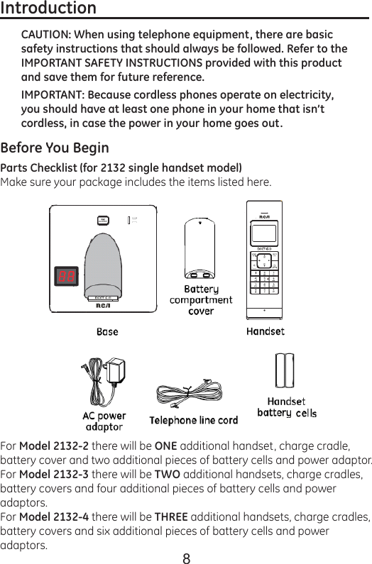 8Introduction                                                                   CAUTION: When using telephone equipment, there are basic safety instructions that should always be followed. Refer to the IMPORTANT SAFETY INSTRUCTIONS provided with this product and save them for future reference.IMPORTANT: Because cordless phones operate on electricity, you should have at least one phone in your home that isn’t cordless, in case the power in your home goes out.Before You Begin Parts Checklist (for 2132 single handset model)Make sure your package includes the items listed here.For Model 2132-2 there will be ONE additional handset, charge cradle, battery cover and two additional pieces of battery cells and power adaptor.For Model 2132-3 there will be TWO additional handsets, charge cradles, battery covers and four additional pieces of battery cells and power adaptors. For Model 2132-4 there will be THREE additional handsets, charge cradles, battery covers and six additional pieces of battery cells and power adaptors.