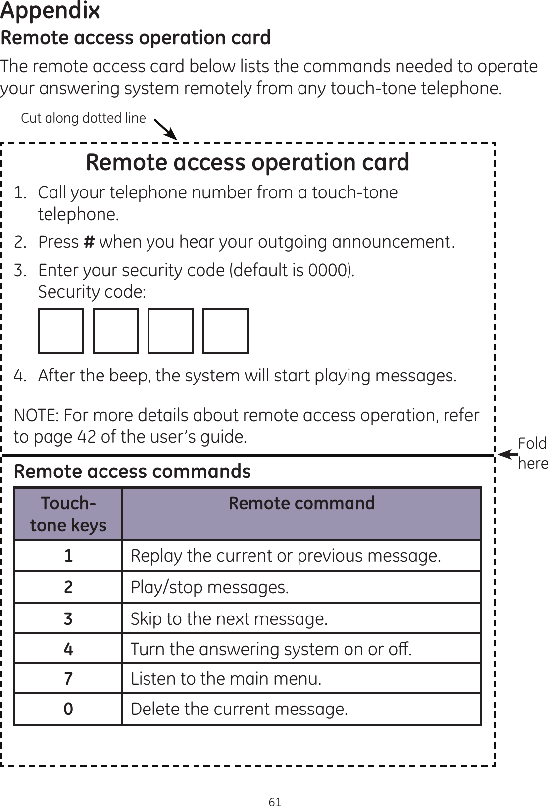 Appendix61Remote access operation cardThe remote access card below lists the commands needed to operate your answering system remotely from any touch-tone telephone. Remote access operation card1.   Call your telephone number from a touch-tone telephone.2.   Press # when you hear your outgoing announcement.3.   Enter your security code (default is 0000).  Security code:                   4.  After the beep, the system will start playing messages.NOTE: For more details about remote access operation, refer to page 42 of the user’s guide.Remote access commandsTouch-tone keysRemote command1Replay the current or previous message.2Play/stop messages.3Skip to the next message.47XUQWKHDQVZHULQJV\VWHPRQRURȺ7Listen to the main menu.0Delete the current message.Cut along dotted lineFold here