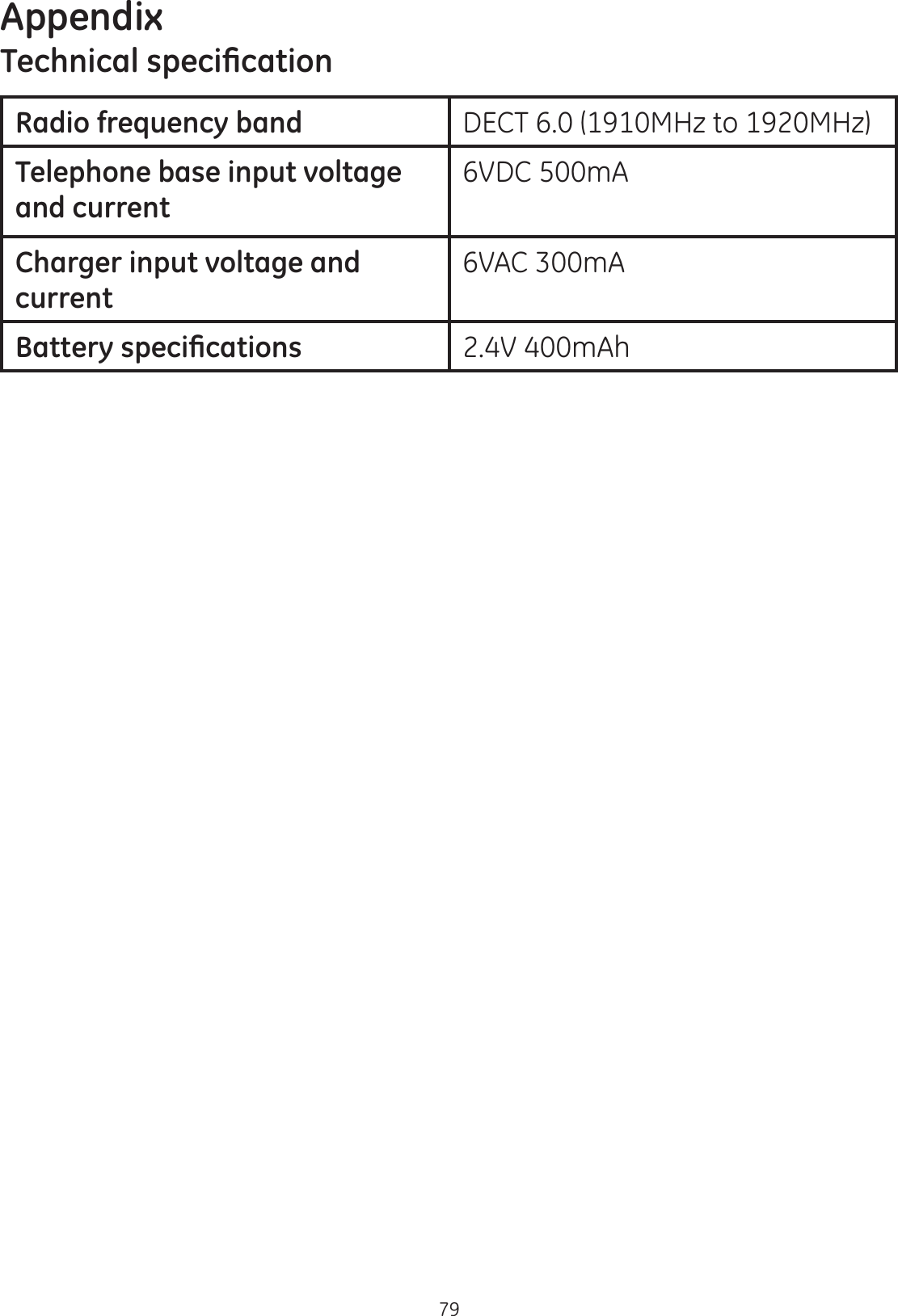 Appendix797HFKQLFDOVSHFL¿FDWLRQRadio frequency band DECT 6.0 (1910MHz to 1920MHz)Telephone base input voltage and current6VDC 500mACharger input voltage and current6VAC 300mA%DWWHU\VSHFL¿FDWLRQV 2.4V 400mAh