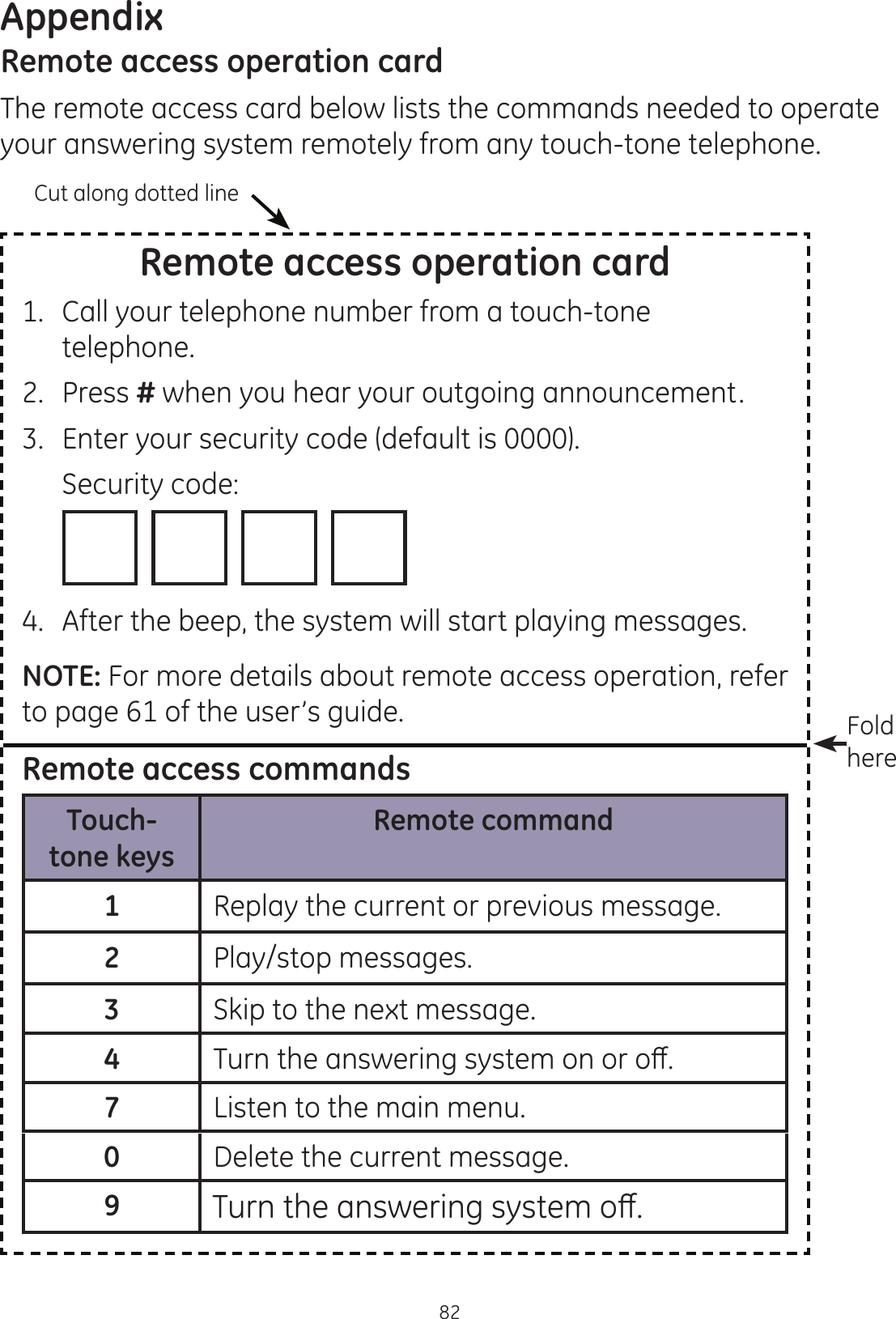 Appendix82Remote access operation cardThe remote access card below lists the commands needed to operate your answering system remotely from any touch-tone telephone. Remote access operation card1.   Call your telephone number from a touch-tone telephone.2.   Press # when you hear your outgoing announcement.3.   Enter your security code (default is 0000).  Security code:                   4.  After the beep, the system will start playing messages.NOTE: For more details about remote access operation, refer to page 61 of the user’s guide.Remote access commandsTouch-tone keysRemote command1Replay the current or previous message.2Play/stop messages.3Skip to the next message.47XUQWKHDQVZHULQJV\VWHPRQRURȺ7Listen to the main menu.0Delete the current message.97XUQWKHDQVZHULQJV\VWHPRȺCut along dotted lineFold here