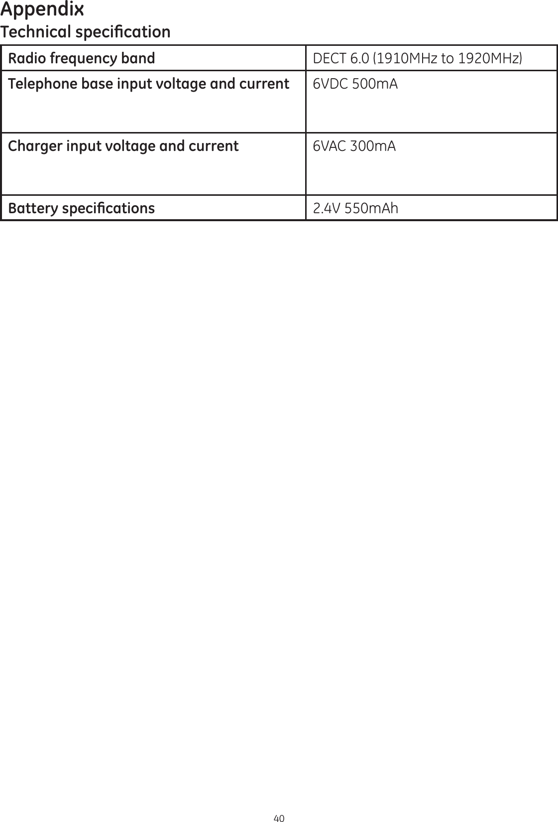 Appendix407HFKQLFDOVSHFL¿FDWLRQRadio frequency band DECT 6.0 (1910MHz to 1920MHz)Telephone base input voltage and current 6VDC 500mACharger input voltage and current 6VAC 300mA%DWWHU\VSHFL¿FDWLRQV 2.4V 550mAh