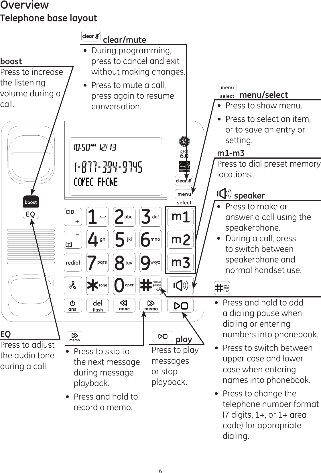 Overview6Telephone base layoutans anncclearmemoclear  clear/mute During programming, press to cancel and exit without making changes.  Press to mute a call, press again to resume conversation. menu/select Press to show menu. Press to select an item, or to save an entry or setting. m1-m3 Press to dial preset memory locations.   speaker  Press to make or   answer a call using the  speakerphone.  During a call, press to switch between  speakerphone and normal handset use.boostPress to increase the listening volume during a call. EQPress to adjust the audio tone during a call. memo Press to skip to the next message during message playback.   Press and hold to record a memo. playPress to play messages or stop playback. Press and hold to add a dialing pause when dialing or entering numbers into phonebook.  Press to switch between upper case and lower case when entering names into phonebook. Press to change the telephone number format (7 digits, 1+, or 1+ area code) for appropriate dialing. 