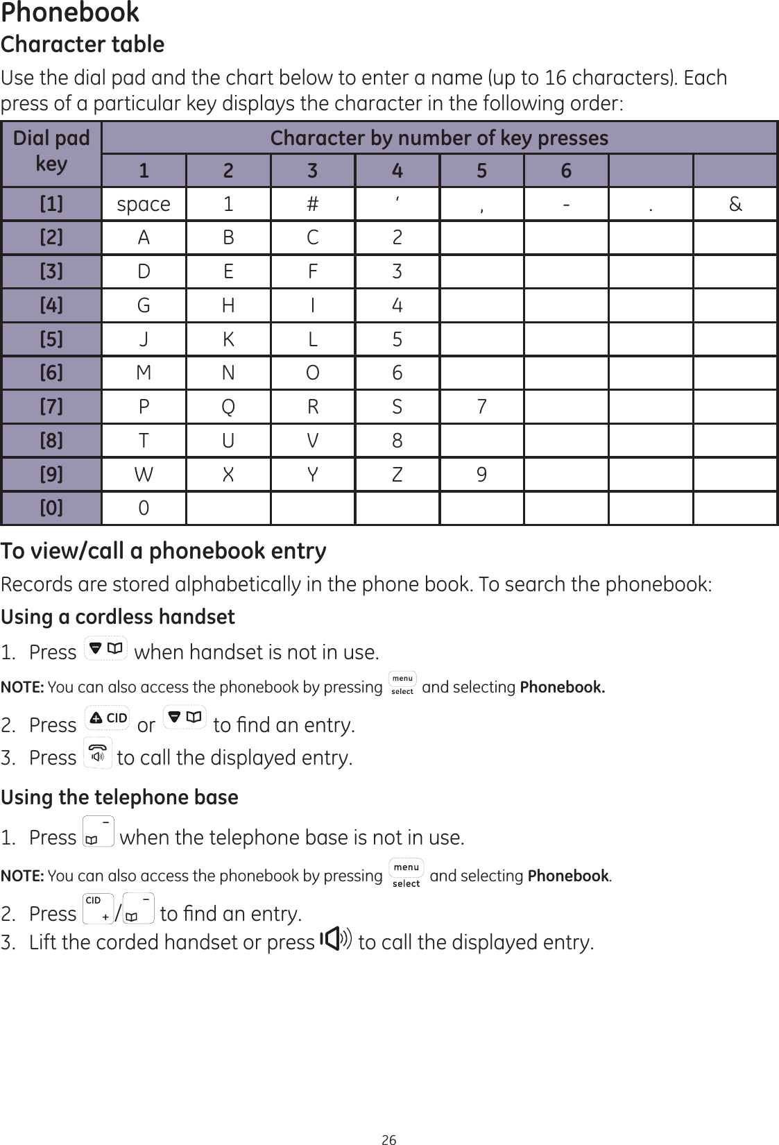 Phonebook26Character tableUse the dial pad and the chart below to enter a name (up to 16 characters). Each press of a particular key displays the character in the following order:Dial pad keyCharacter by number of key presses123456[1] space 1 # ‘ , - . &amp;[2] A B C 2[3] D E F 3[4] G H I 4[5] J K L 5[6] M N O 6[7] P Q R S 7[8] T U V 8[9] W X Y Z 9[0] 0To view/call a phonebook entryRecords are stored alphabetically in the phone book. To search the phonebook:Using a cordless handset1.  Press   when handset is not in use.NOTE: You can also access the phonebook by pressing   and selecting Phonebook.2.  Press   or  WR¿QGDQHQWU\3.  Press   to call the displayed entry. Using the telephone base1.  Press   when the telephone base is not in use.NOTE: You can also access the phonebook by pressing   and selecting Phonebook.2.  Press  / WR¿QGDQHQWU\3.  Lift the corded handset or press   to call the displayed entry.
