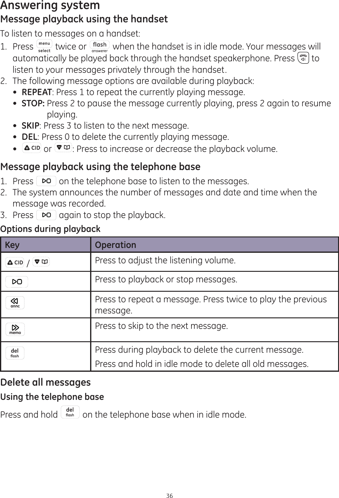 Answering system36Message playback using the handsetTo listen to messages on a handset:1.  Press  twice or   when the handset is in idle mode. Your messages will automatically be played back through the handset speakerphone. Press   to listen to your messages privately through the handset. 2.  The following message options are available during playback: REPEAT: Press 1 to repeat the currently playing message. STOP: Press 2 to pause the message currently playing, press 2 again to resume      playing.  SKIP: Press 3 to listen to the next message. DEL: Press 0 to delete the currently playing message.   or  : Press to increase or decrease the playback volume.Message playback using the telephone base1.  Press   on the telephone base to listen to the messages. 2.  The system announces the number of messages and date and time when the message was recorded. 3.  Press   again to stop the playback. Options during playbackKey Operation /  Press to adjust the listening volume.   Press to playback or stop messages.annc Press to repeat a message. Press twice to play the previous message.memo Press to skip to the next message. Press during playback to delete the current message.Press and hold in idle mode to delete all old messages. Delete all messagesUsing the telephone basePress and hold   on the telephone base when in idle mode. 