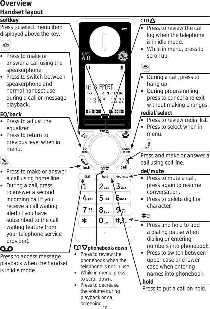 Overview12Handset layout Press to make or answer a call using the speakerphone. Press to switch between speakerphone and normal handset use during a call or message playback. Press to access message playback when the handset is in idle mode.  Press to make or answer a call using home line. During a call, press to answer a second incoming call if you receive a call waiting alert (if you have subscribed to the call waiting feature from your telephone service provider).  Press to review the call log when the telephone is in idle mode.  While in menu, press to scroll up.  During a call, press to hang up. During programming, press to cancel and exit without making changes. Press and make or answer a call using cell line.  Press and hold to add a dialing pause when dialing or entering numbers into phonebook.  Press to switch between upper case and lower case when entering names into phonebook.redial/select Press to review redial list. Press to select when in menu.EQ/back Press to adjust the equalizer. Press to return to previous level when in menu.phonebook/down Press to review the phonebook when the telephone is not in use. While in menu, press to scroll down. Press to decrease the volume during playback or call screening. del/mute Press to mute a call, press again to resume conversation. Press to delete digit or character.holdPress to put a call on hold.softkey Press to select menu item displayed above the key. 