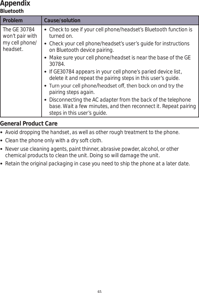 Appendix65BluetoothProblem Cause/solutionThe GE 30784 won’t pair with my cell phone/headset. Check to see if your cell phone/headset’s Bluetooth function is turned on. Check your cell phone/headset’s user’s guide for instructions on Bluetooth device pairing. Make sure your cell phone/headset is near the base of the GE 30784. If GE30784 appears in your cell phone’s paried device list, delete it and repeat the pairing steps in this user’s guide. 7XUQ\RXUFHOOSKRQHKHDGVHWRȺWKHQEDFNRQDQGWU\WKHpairing steps again. Disconnecting the AC adapter from the back of the telephone base. Wait a few minutes, and then reconnect it. Repeat pairing steps in this user’s guide.General Product Care Avoid dropping the handset, as well as other rough treatment to the phone. Clean the phone only with a dry soft cloth. Never use cleaning agents, paint thinner, abrasive powder, alcohol, or other chemical products to clean the unit. Doing so will damage the unit. Retain the original packaging in case you need to ship the phone at a later date.