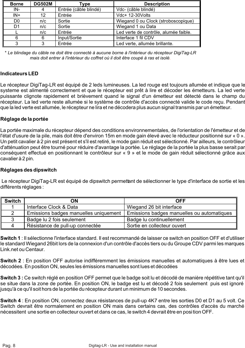 Borne  DG502M Type Description IN- 4 Entrée (câble blindé) Vdc- (câble blindé) IN+ 12 Entrée Vdc+ 12-30Volts D0 n/c Sortie Wiegand 0 ou Clock (stroboscopique) D1 n/c Sortie Wiegand 1 ou Data L n/c Entrée Led verte de contrôle, alumée faible. 6 6 Input/Sortie Interface 1 fil CDV 3 3 Entrée Led verte, allumée brillante.  * Le blindage du câble ne doit être connecté à aucune borne à l&apos;intérieur du récepteur DigiTag-LR mais doit entrer à l&apos;intérieur du coffret où il doit être coupé à ras et isolé   .Indicateurs LEDLe récepteur DigiTag-LR est équipé de 2 leds lumineuses. La led rouge est toujours allumée et indique que le systeme est alimenté correctement et que le récepteur est prêt à lire et décoder les émetteurs. La led verte puissante clignote rapidement et brièvement quand le signal d&apos;un émetteur est détecté dans le champ du récepteur. La led verte reste allumée si le système de contrôle d&apos;accès connecté valide le code reçu. Pendant que la led verte est allumée, le récepteur ne lira et ne décodera plus aucun signal transmis par un émetteur.Réglage de la portéeLa portée maximale du récepteur dépend des conditions environnementales, de l&apos;orientation de l&apos;émetteur et de l&apos;état d&apos;usure de la pile, mais doit être d&apos;environ 15m en mode gain élevé avec le réducteur positionné sur « 0 ». Un petit cavalier à 2 pin est présent et s&apos;il est retiré, le mode gain réduit est sélectionné. Par ailleurs, le contrôleur d&apos;atténuation peut être tourné pour réduire d&apos;avantage la portée. Le réglage de la portée la plus basse serait par conséquent effectué en positionnant le contrôleur sur « 9 » et le mode de gain réduit sélectionné grâce aux cavalier à 2 pin.Réglages des dipswitch Le récepteur DigiTag-LR est équipé de dipswitch permettant de sélectionner le type d&apos;interface de sortie et les différents réglages :Switch  ON OFF 1 Interface Clock &amp; Data Wiegand 26 bit interface 2 Emissions badges manuelles uniquement Emissions badges manuelles ou automatiques 3 Badge lu 2 fois seulement Badge lu continuellement 4 Résistance de pull-up connectée Sortie en collecteur ouvert  Switch 1 : Il sélectionne l&apos;interface standard. Il est recommandé de laisser ce switch en position OFF et d&apos;utiliser le standard Wiegand 26bit lors de la connexion d&apos;un contrôle d&apos;accès tiers ou du Groupe CDV parmi les marques Link.net ou Centaur.Switch 2 : En position OFF autorise indifféremment les émissions manuelles et automatiques à être lues et décodées. En position ON, seules les émissions manuelles sont lues et décodées Switch 3 : Ce switch réglé en position OFF permet que le badge soit lu et décodé de manière répétitive tant qu&apos;il se situe dans la zone de portée. En position ON, le badge est lu et décodé 2 fois seulement  puis est ignoré jusqu&apos;à ce qu&apos;il soit hors de la portée du récepteur durant un minimum de 10 secondes.Switch 4 : En position ON, connectez deux résistances de pull-up 4K7 entre les sorties D0 et D1 au 5 volt. Ce Switch devrait être normalement en position ON mais dans certains cas, des contrôles d&apos;accès du marché nécessitent  une sortie en collecteur ouvert et dans ce cas, le switch 4 devrait être en posi tion OFF.Pag. 8 Digitag-LR - Use and installation manual