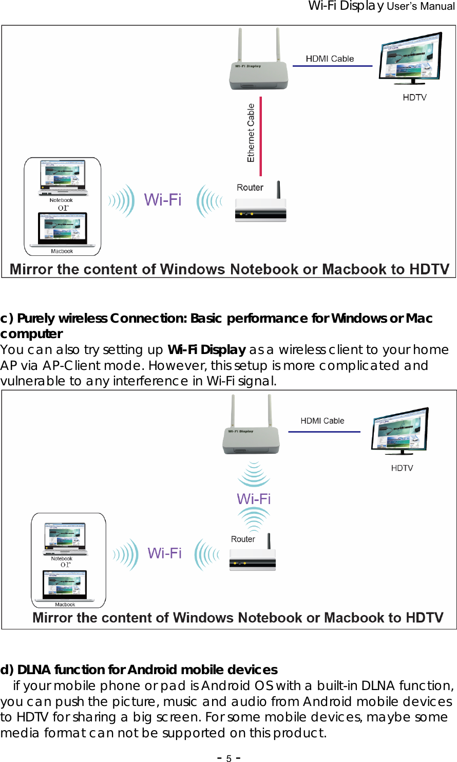 Wi-Fi Display User’s Manual - 5 -    c) Purely wireless Connection: Basic performance for Windows or Mac computer You can also try setting up Wi-Fi Display as a wireless client to your home AP via AP-Client mode. However, this setup is more complicated and vulnerable to any interference in Wi-Fi signal.    d) DLNA function for Android mobile devices    if your mobile phone or pad is Android OS with a built-in DLNA function, you can push the picture, music and audio from Android mobile devices to HDTV for sharing a big screen. For some mobile devices, maybe some media format can not be supported on this product.   