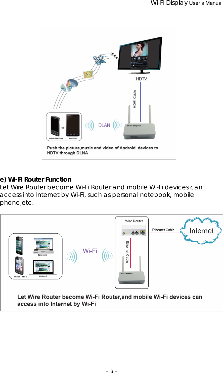 Wi-Fi Display User’s Manual - 6 -                    e) Wi-Fi Router Function Let Wire Router become Wi-Fi Router and mobile Wi-Fi devices can access into Internet by Wi-Fi, such as personal notebook, mobile phone,etc.     